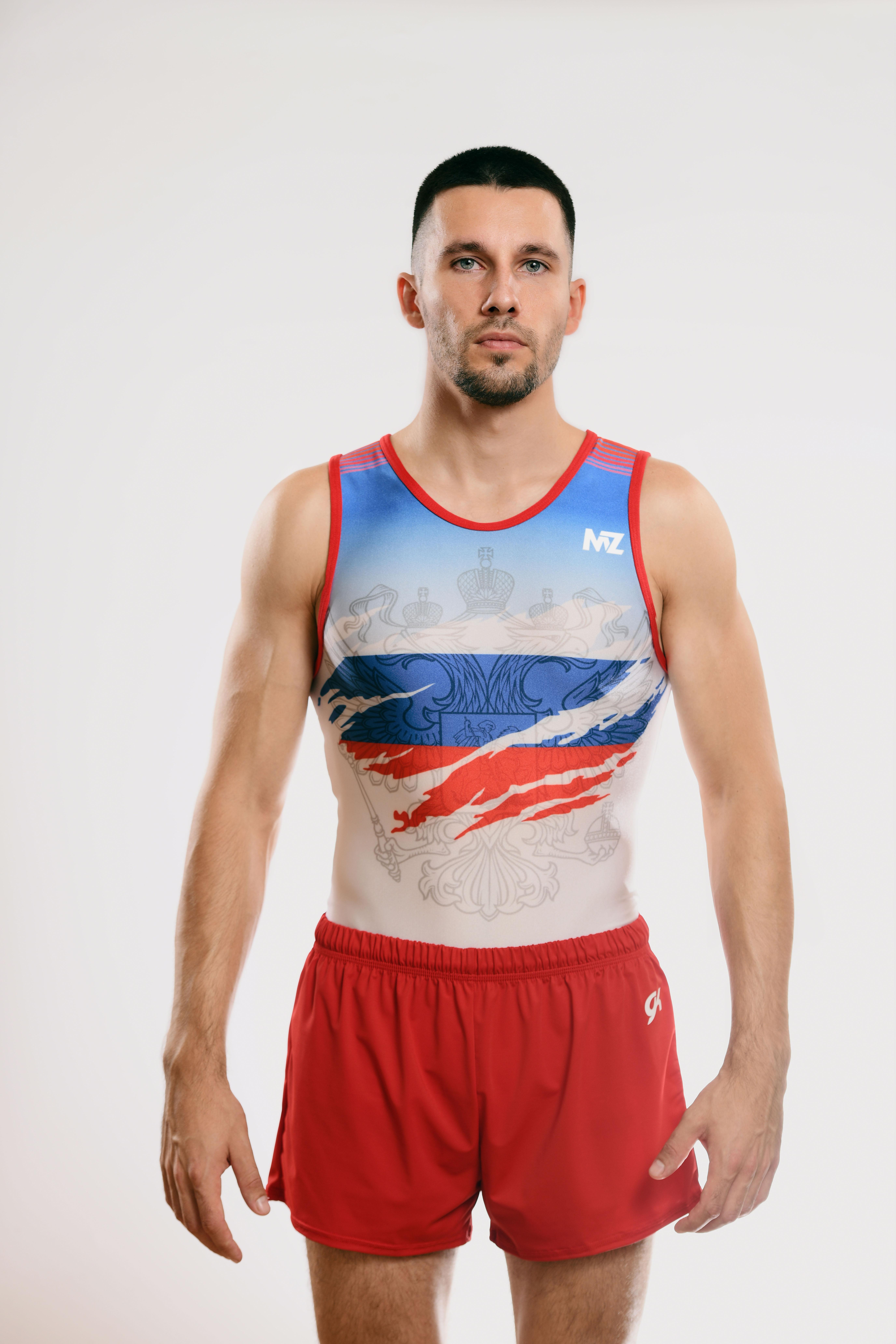 Купальник мужской для спортивной гимнастики GK Sport MZ 201-8 белый с красно-синим рисунком без рукава