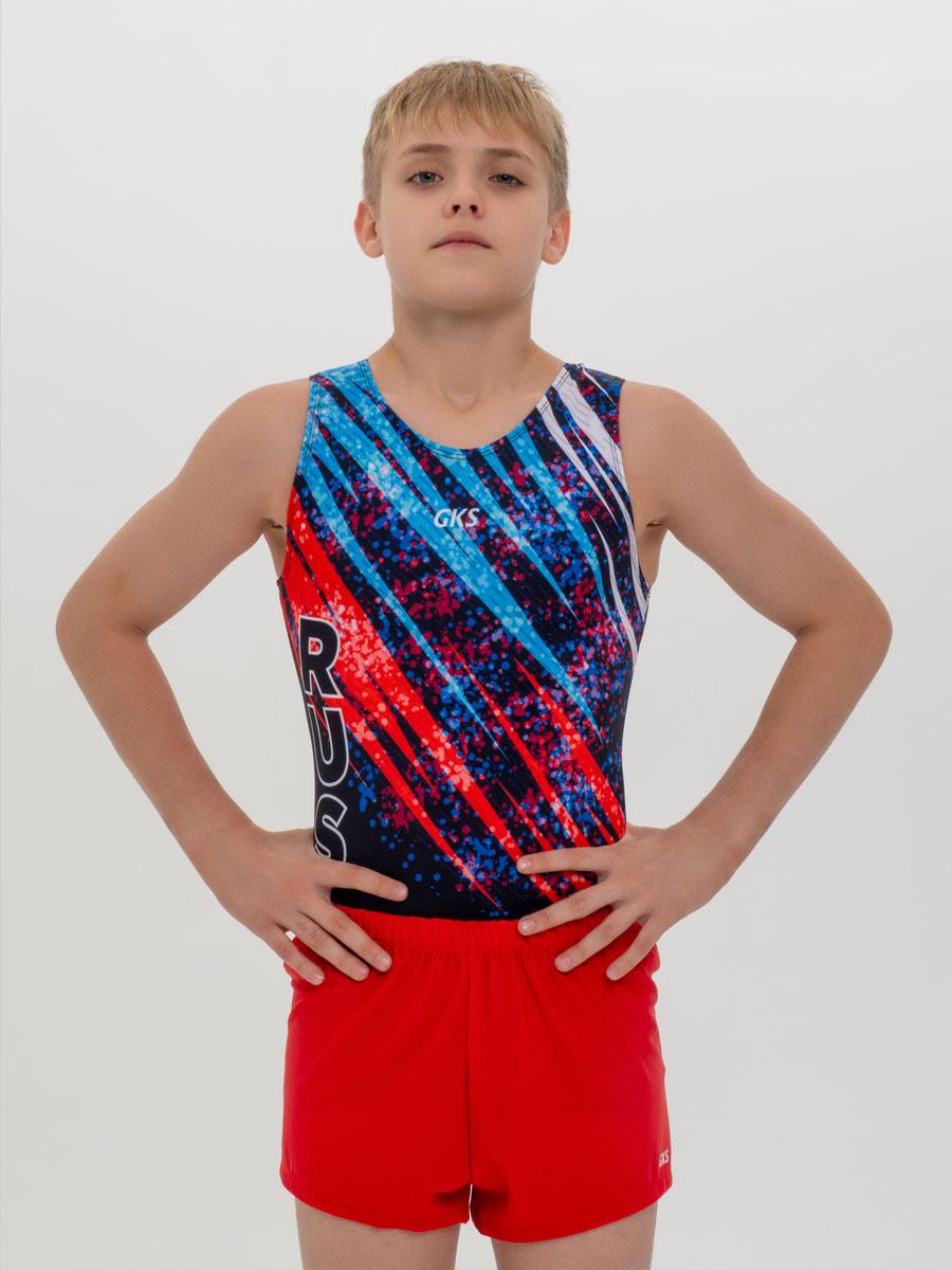 Купальник мужской для спортивной гимнастики GK Sport RUS 201-13 черный с красно-синим рисунком без рукава