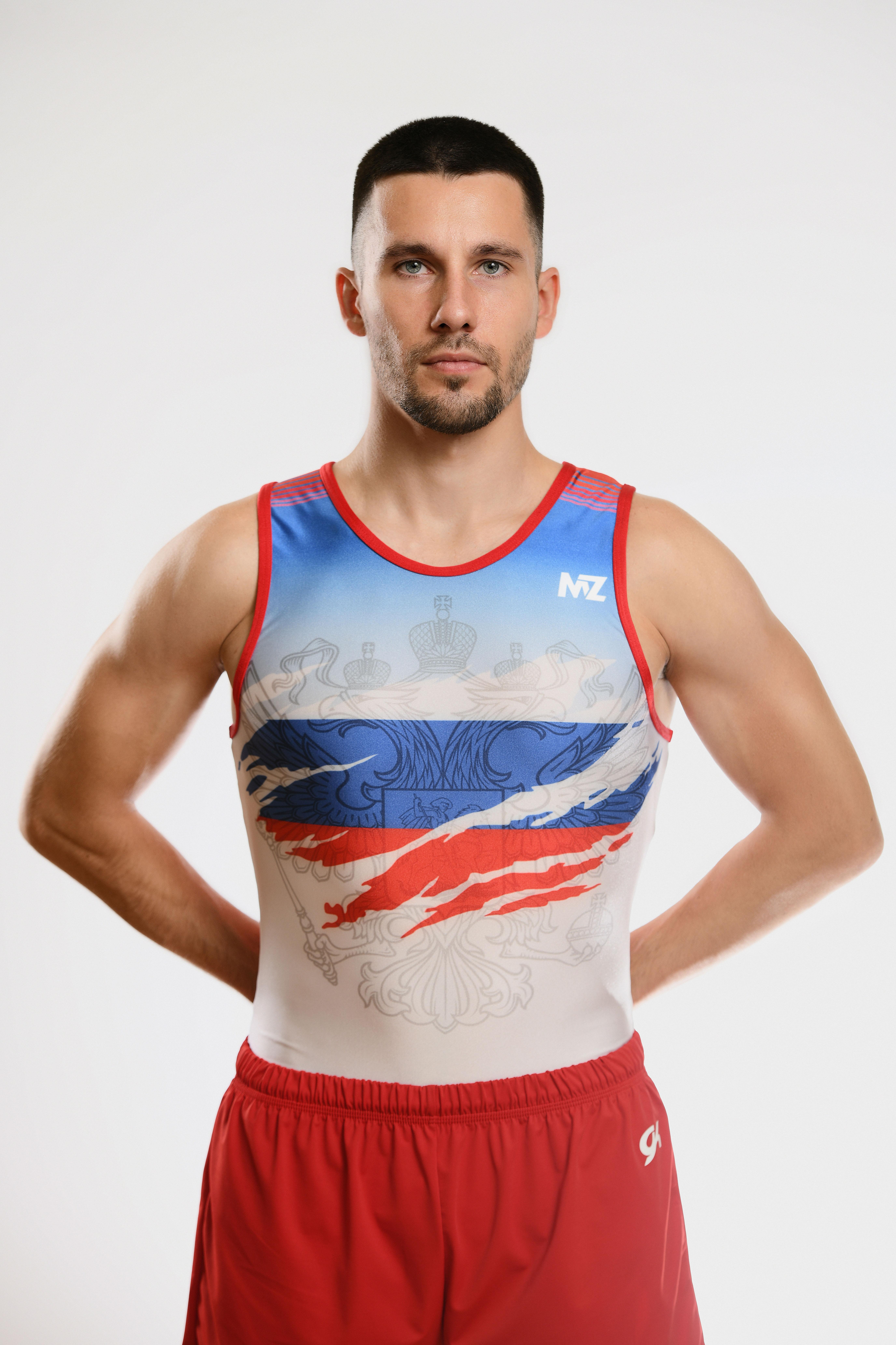 Купальник мужской для спортивной гимнастики GK Sport MZ 201-8 белый с красно-синим рисунком без рукава