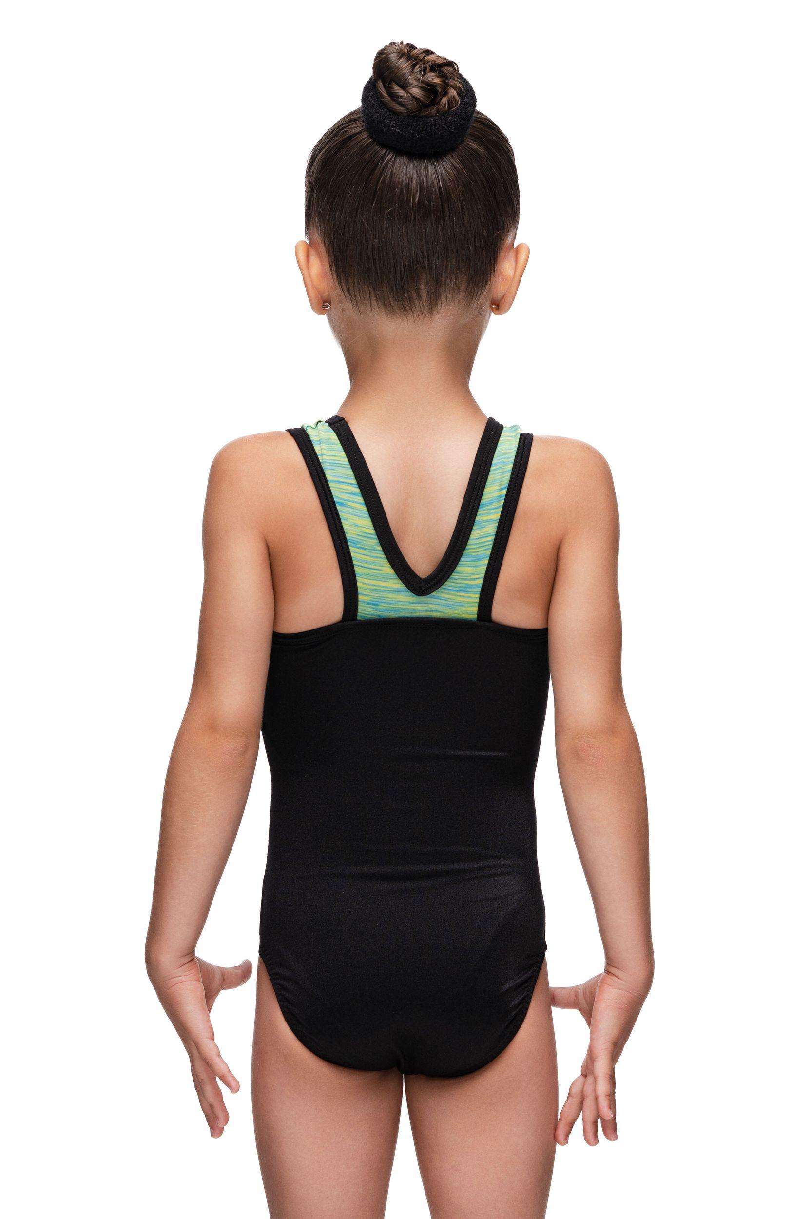Купальник для спортивной гимнастики Alpha Factor 5413 черный с зелеными вставками на лямках без рукавов