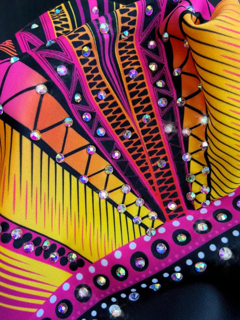 Купальник женский для спортивной гимнастики GK Sport 0202-41 черный с розово-оранжевым рисунком без рукава