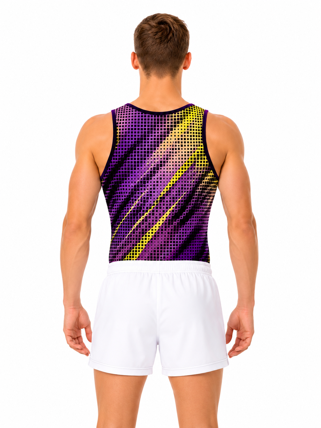 Купальник мужской для спортивной гимнастики GK Sport 202-28 фиолетово-салатовый без рукава