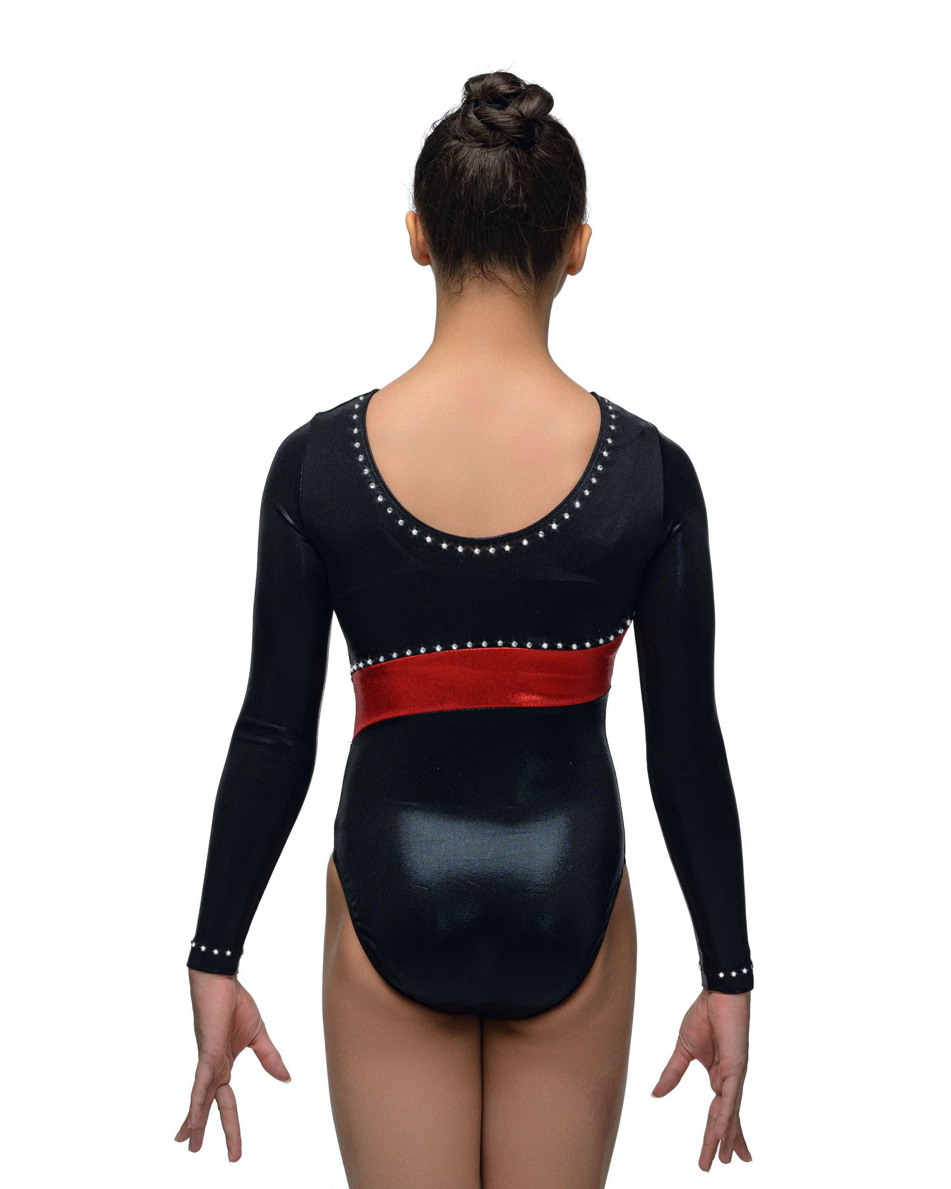 Купальник женский для спортивной гимнастики GK Elite 5374 красный с черным со стразами с рукавом