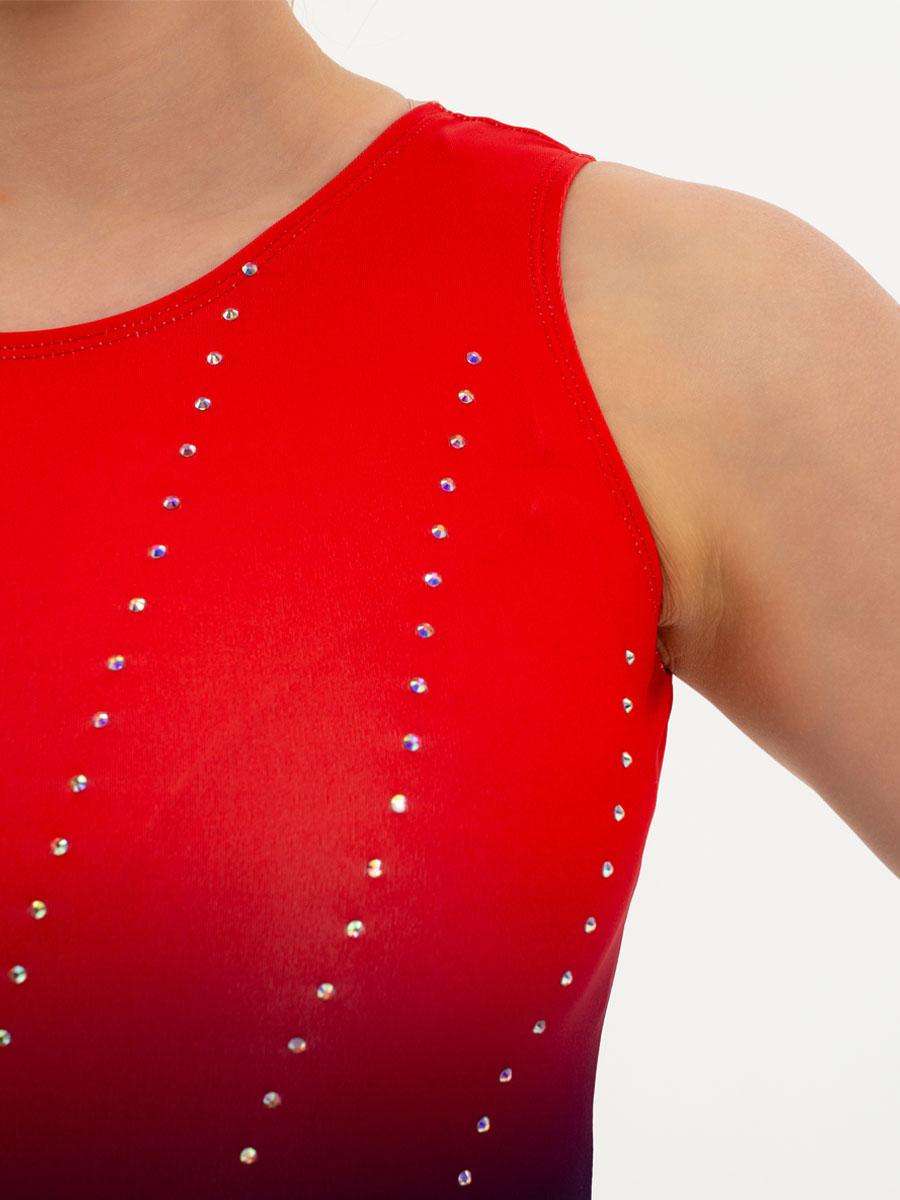 Купальник женский для спортивной гимнастики GK Sport 0202-89 красно-синий градиент со стразами без рукава