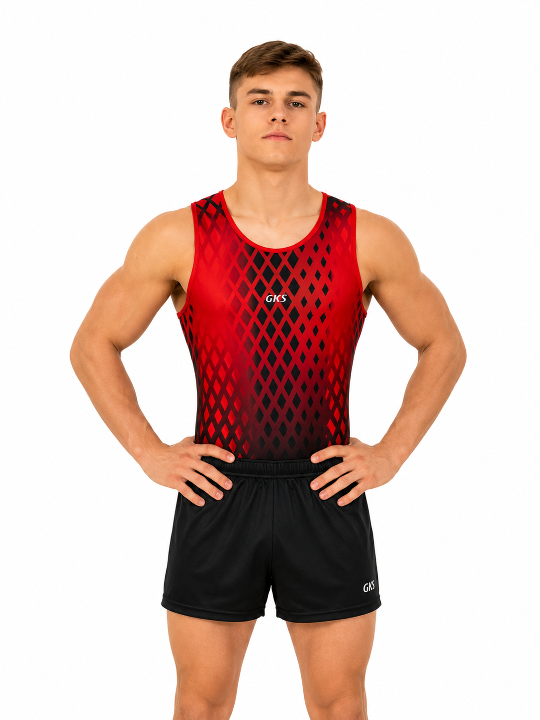 Купальник мужской для спортивной гимнастики GK Sport 0201-50 красный с черным без рукава