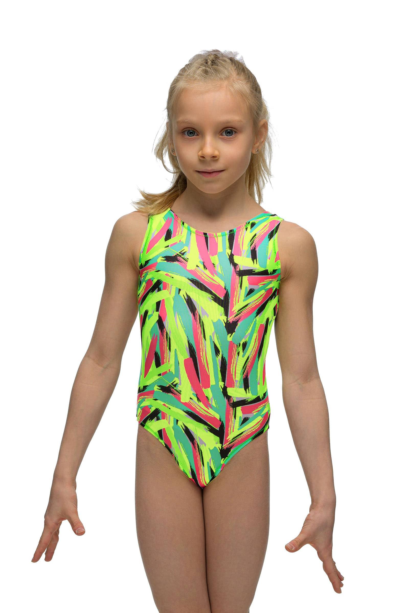 Купальник женский для спортивной гимнастики GK Sport 202-20 салатовый с цветным принтом без рукава