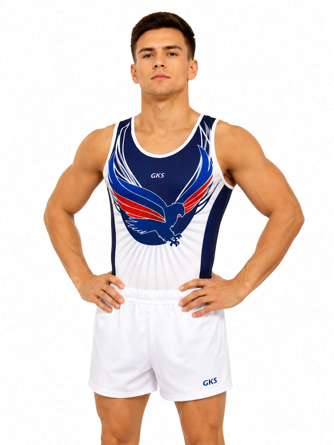 Купальник мужской для спортивной гимнастики GK Sport 0201-14 белый с синим без рукава