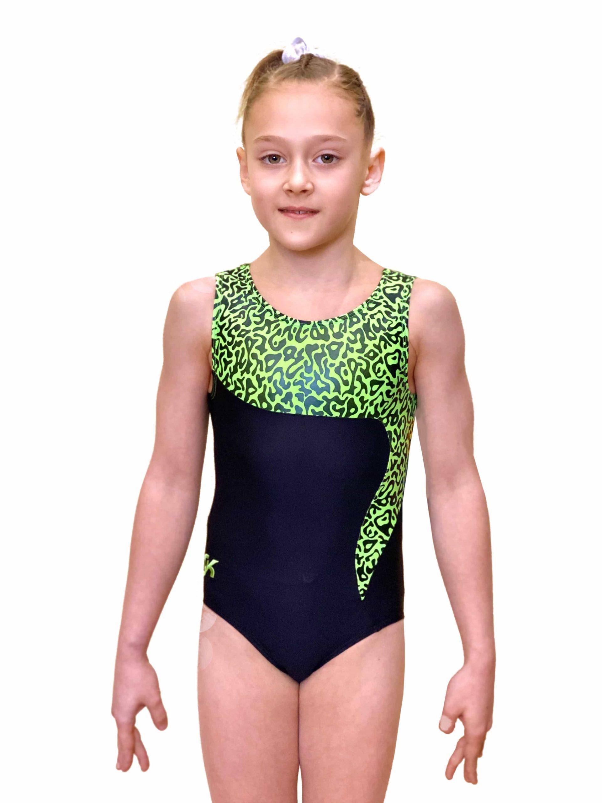 Купальник женский для спортивной гимнастики GK Sport 9429 черный с зеленым без рукава