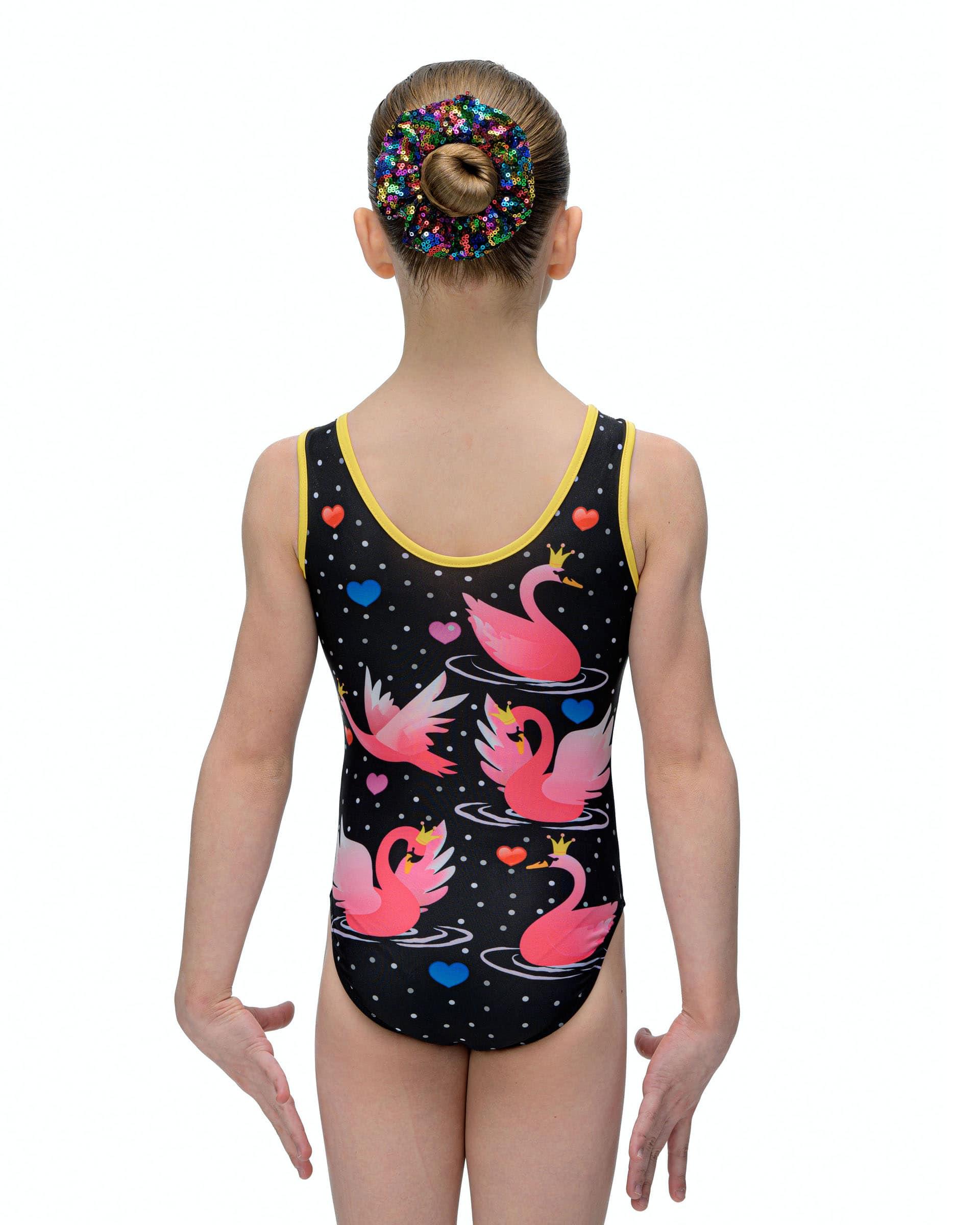 Купальник женский для спортивной гимнастики GK Sport 202-15 черный с розовыми лебедями без рукава