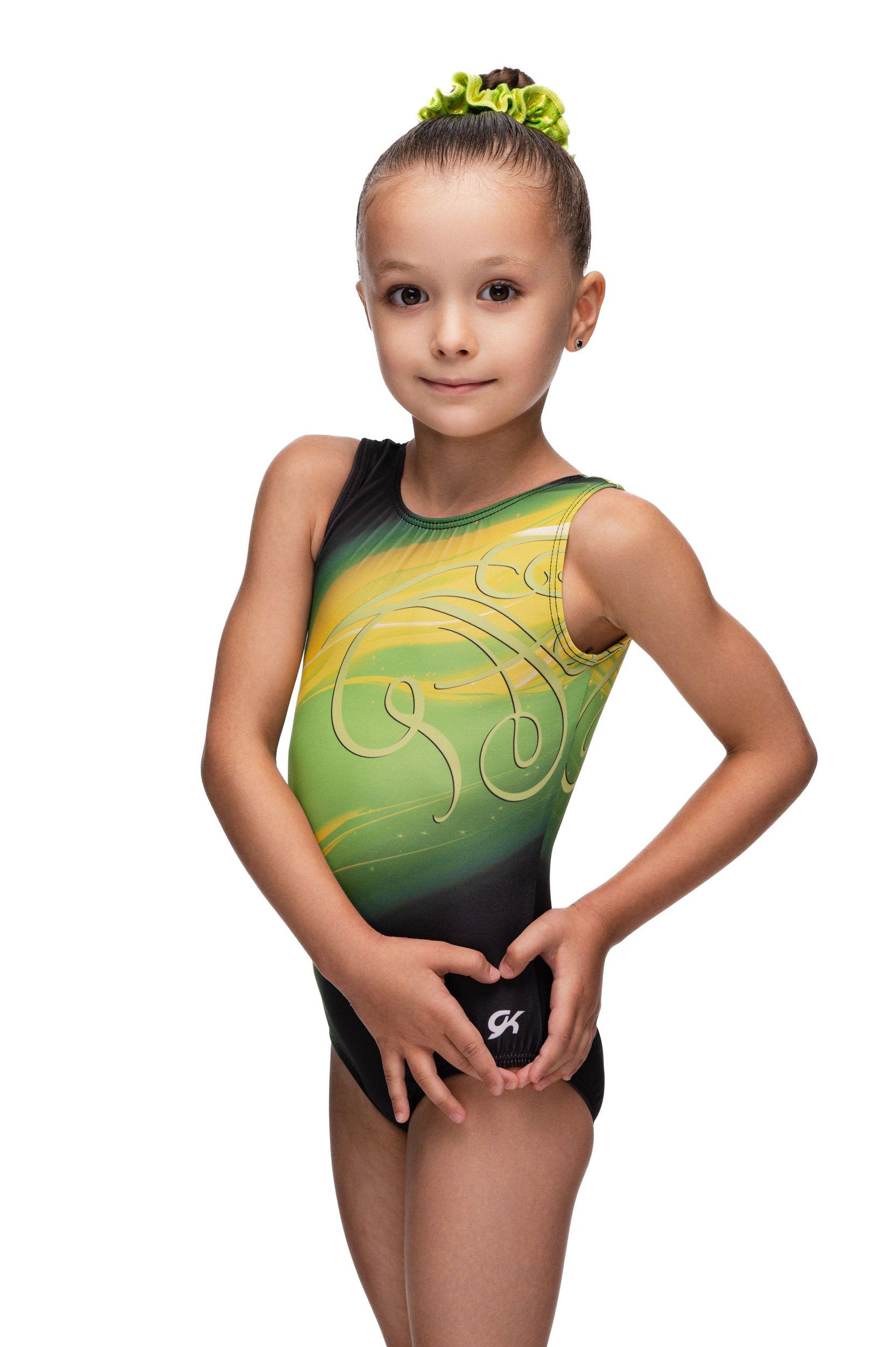 Купальник женский для спортивной гимнастики GK Elite E2662 черный с желтыми зеленым без рукава