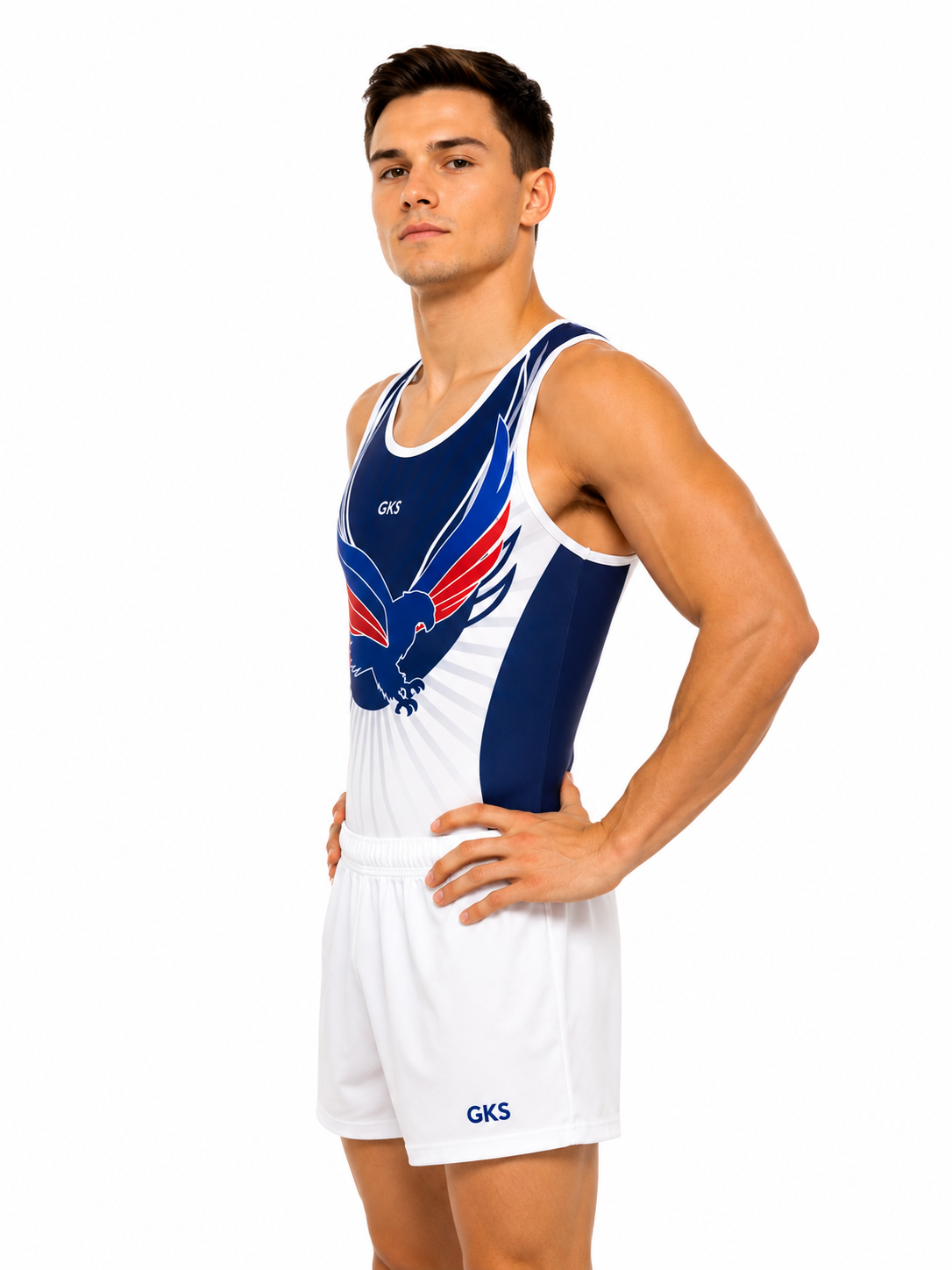 Купальник мужской для спортивной гимнастики GK Sport 0201-14 белый с синим без рукава