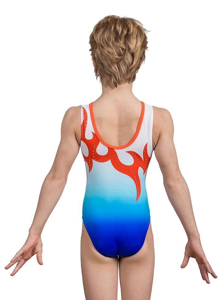 Купальник женский для спортивной гимнастики GYM RU 107-74 белый с голубым с рыжим рисунком без рукава