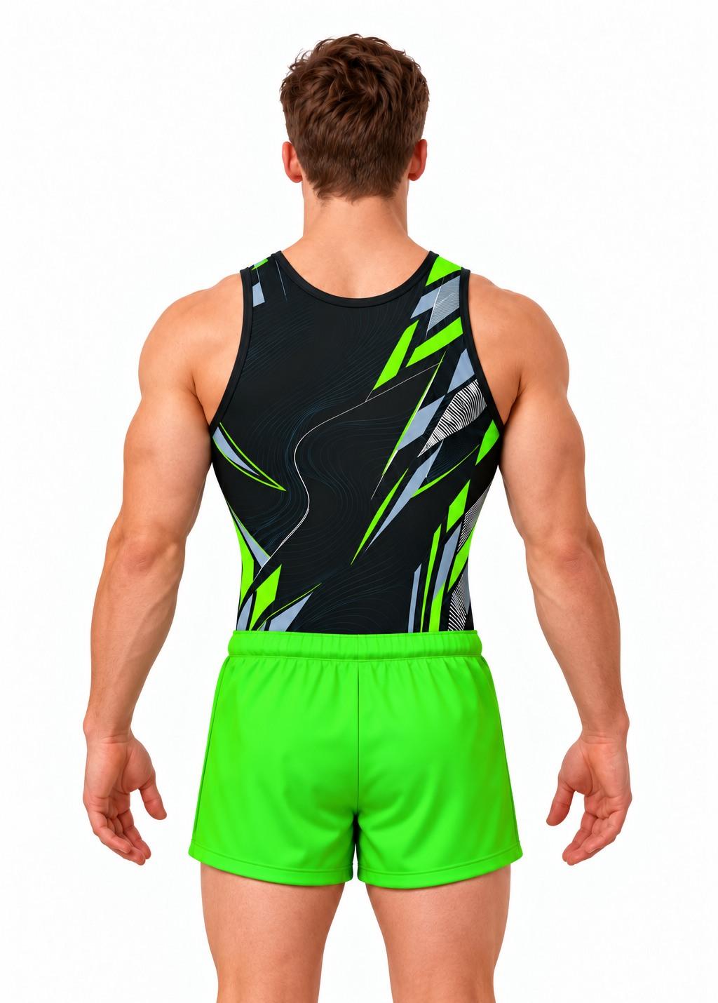 Купальник мужской для спортивной гимнастики GK Sport 0201-118 черный с салатом без рукава