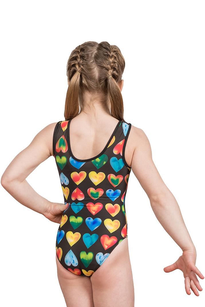 Купальник женский для спортивной гимнастики GK Sport 197 черный с цветными сердечками без рукава