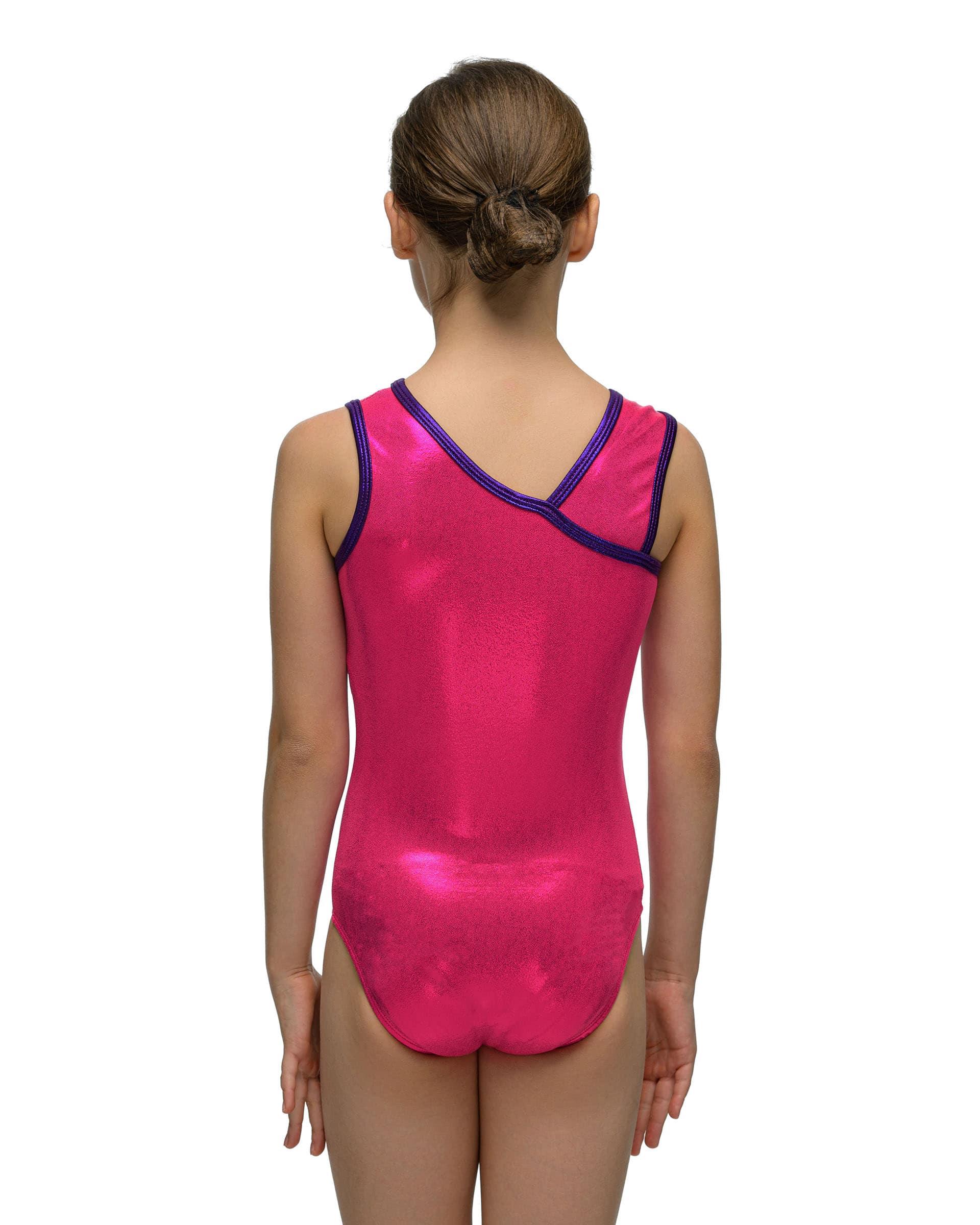 Купальник женский для спортивной гимнастики Alpha Factor 5422 розовый с фиолетовым кантом без рукава
