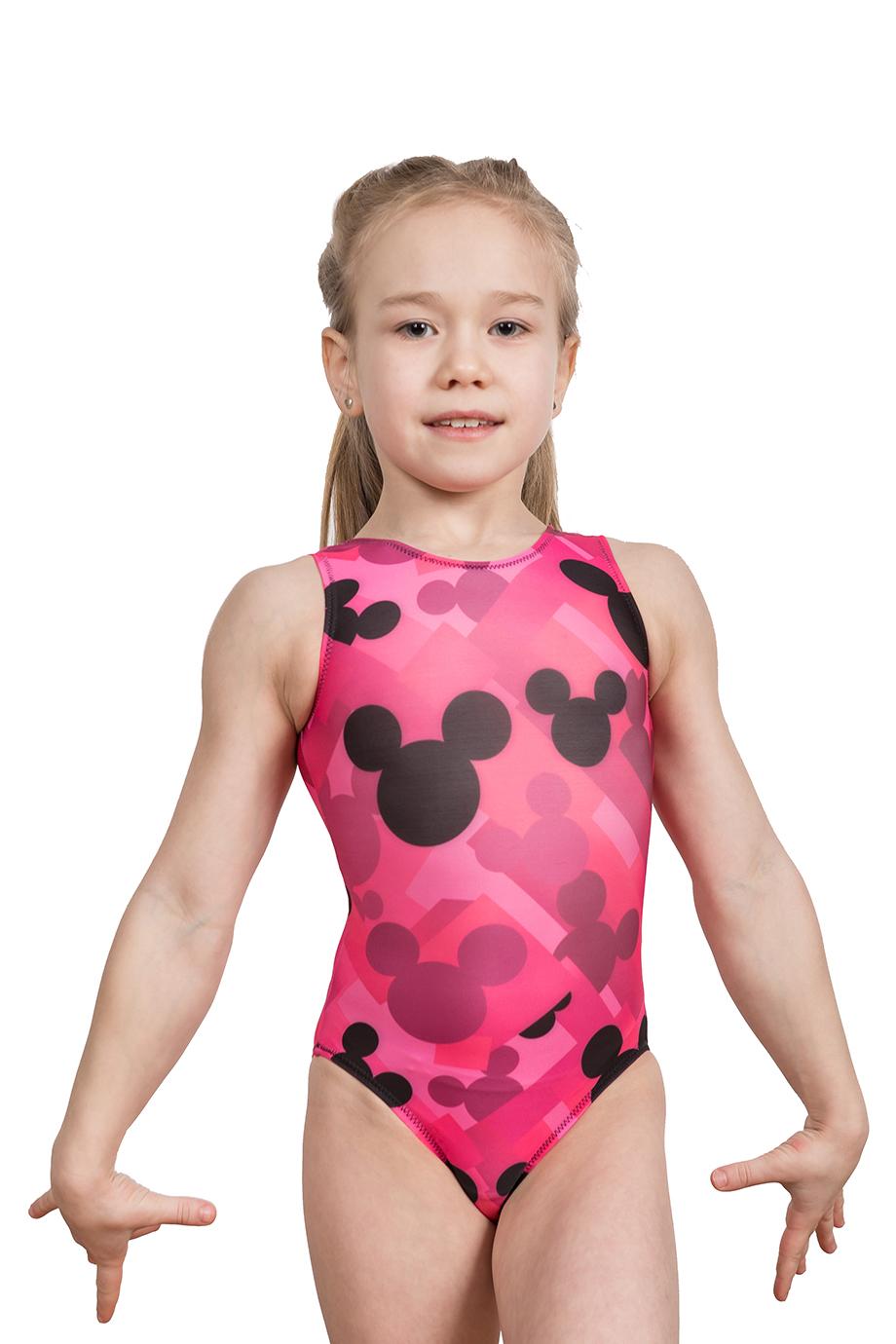 Купальник женский для спортивной гимнастики GK Sport 202-8 розовый с рисунком микки маус без рукава