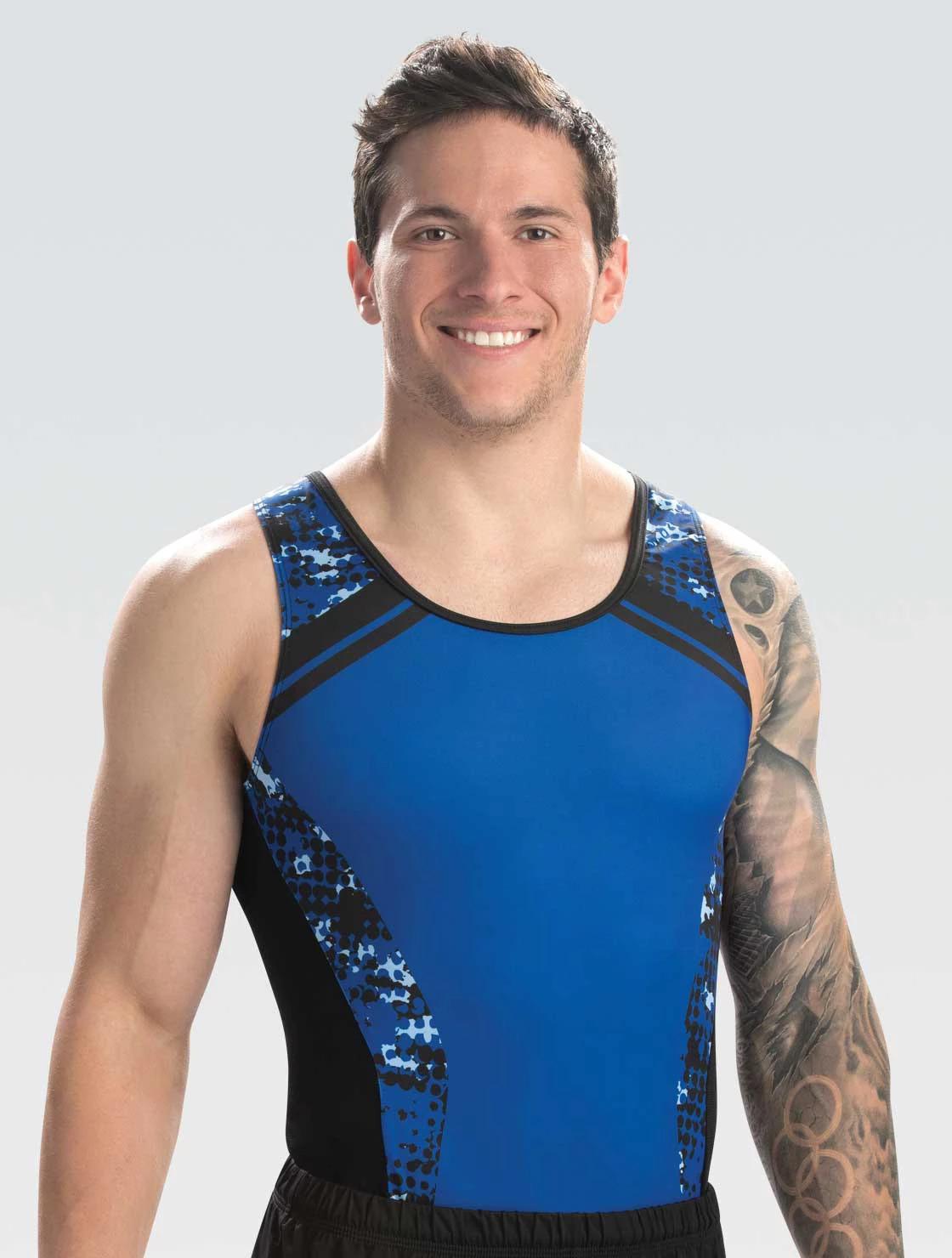 Купальник мужской для спортивной гимнастики GK Elite 1886M синий с черными полосками без рукава