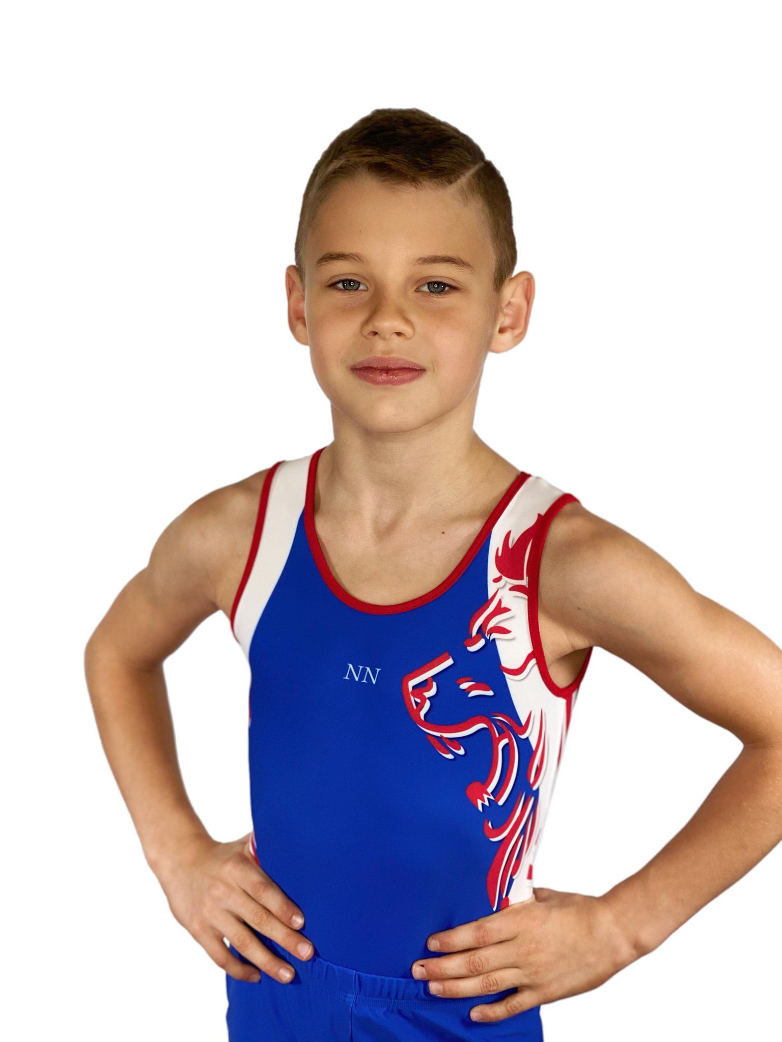 Купальник мужской для спортивной гимнастики GK Sport 201-17 синий с бело-красной вставкой без рукава