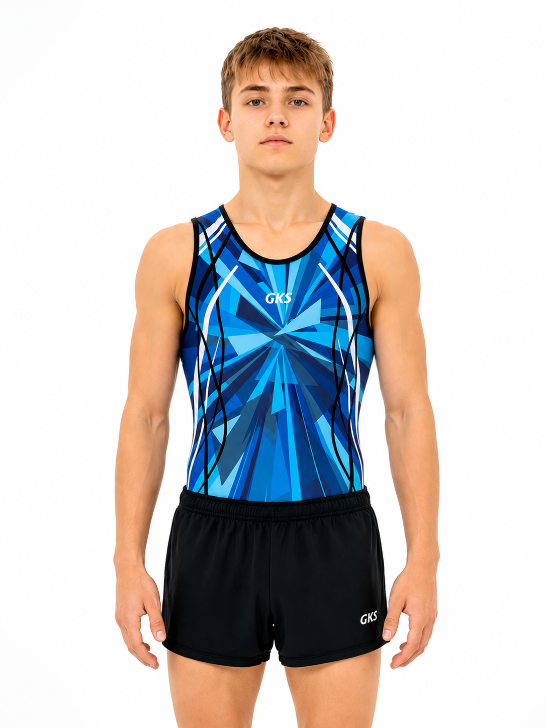 Купальник мужской для спортивной гимнастики GK Sport 201-15 сине-голубой без рукава