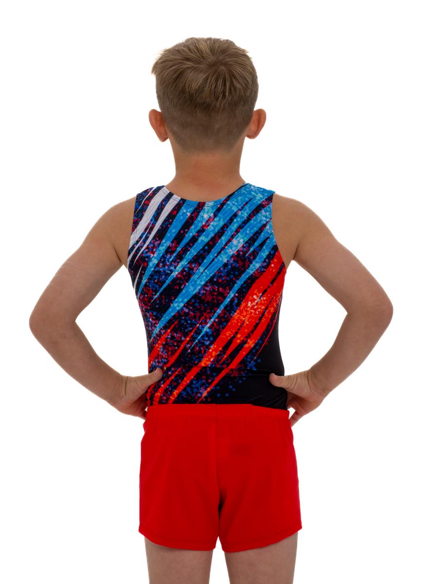 Купальник мужской для спортивной гимнастики GK Sport RUS 201-13 черный с красно-синим рисунком без рукава