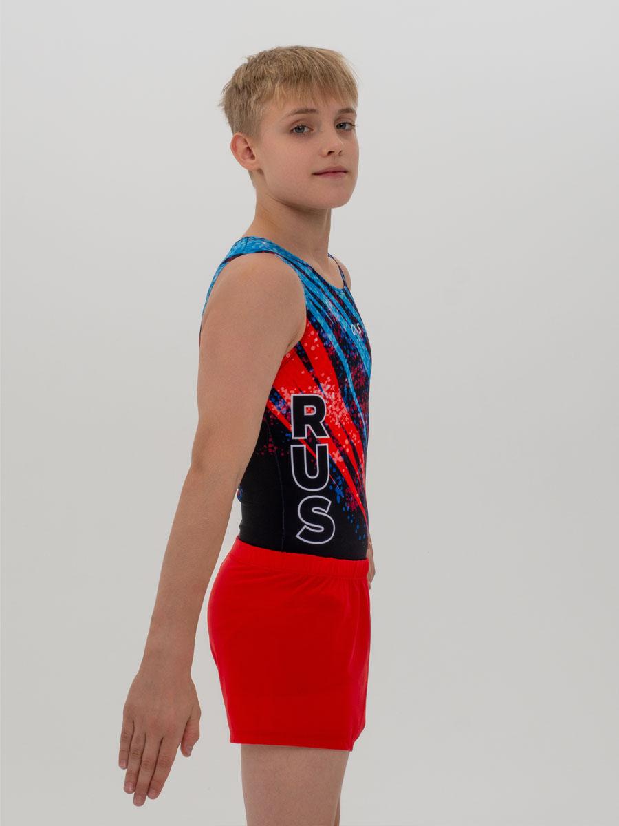 Купальник мужской для спортивной гимнастики GK Sport RUS 201-13 черный с красно-синим рисунком без рукава