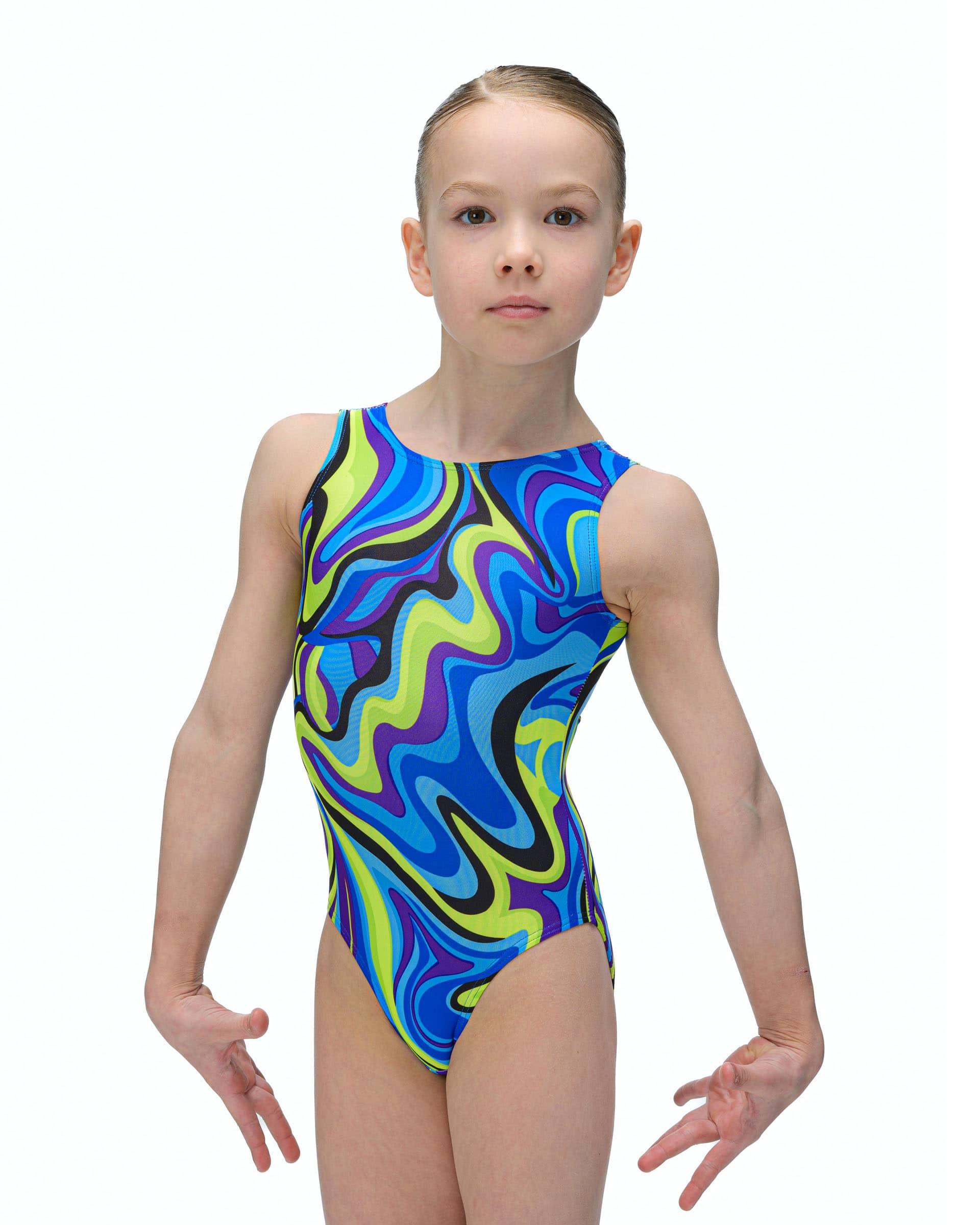 Купальник женский для спортивной гимнастики GK Sport 134 Майами синий с салатовыми разводами без рукава