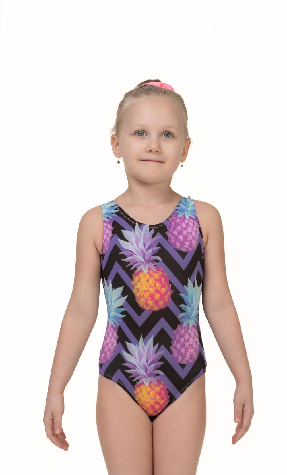 Купальник женский для спортивной гимнастики GK Sport DS 202-3 PINEAPPLE темно-синий с цветным рисунком без рукава