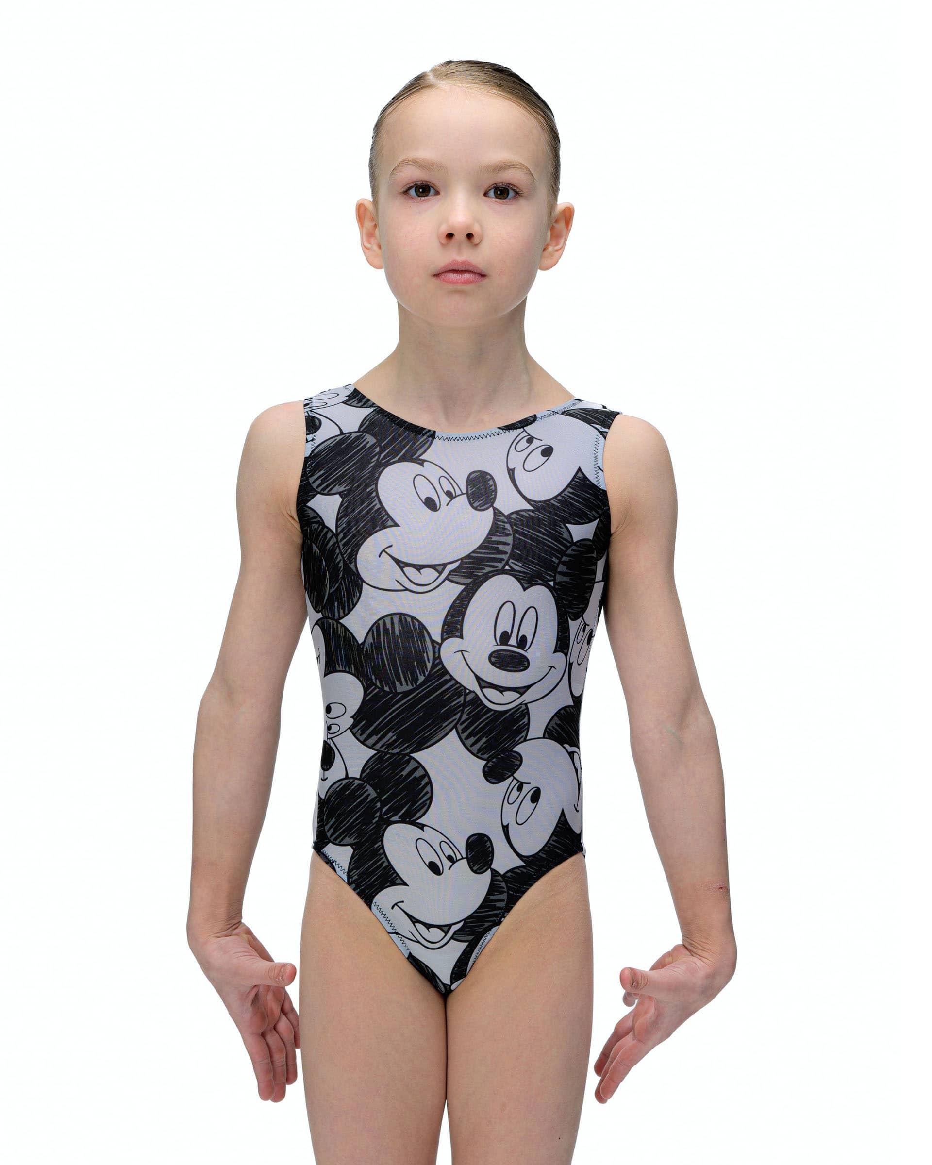 Купальник женский для спортивной гимнастики GK Sport 202-17 черно-белый микки маус без рукава