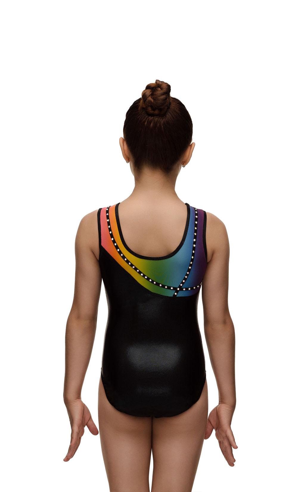 Купальник женский для спортивной гимнастики GK Sport 555-12 черный с цветным верхом со стразами без рукава