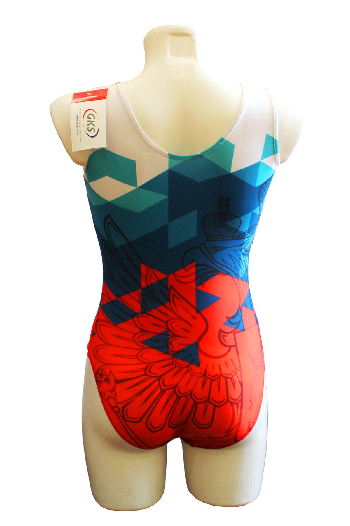 Купальник женский для спортивной гимнастики GK Sport 202-21 оранжево-сине-белый без рукава