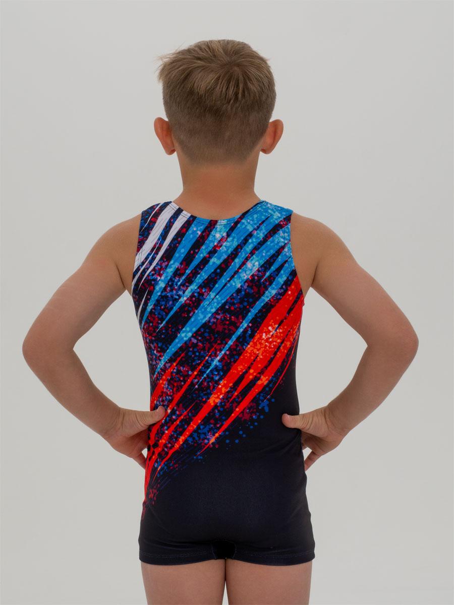 Купальник мужской для спортивной гимнастики GK Sport RUS 201-13 черный с красно-синим рисунком без рукава