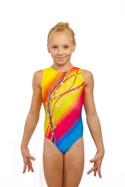 Купальник для спортивной гимнастики GKSport 0202-52 сине-красно-желтый со стразами  без рукава