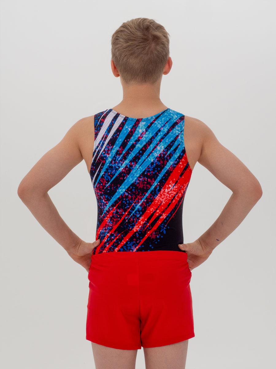 Купальник мужской для спортивной гимнастики GK Sport RUS 201-13 черный с красно-синим рисунком без рукава