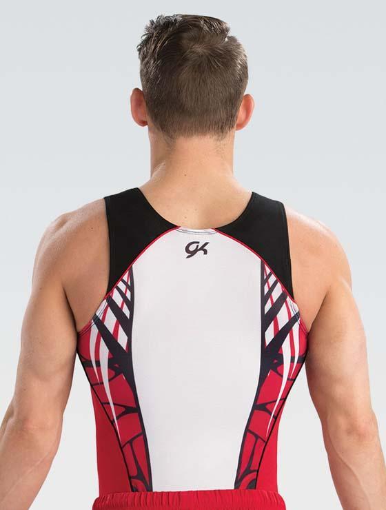 Купальник мужской для спортивной гимнастики GK Elite 1879 бело-красный с черными полосками без рукава