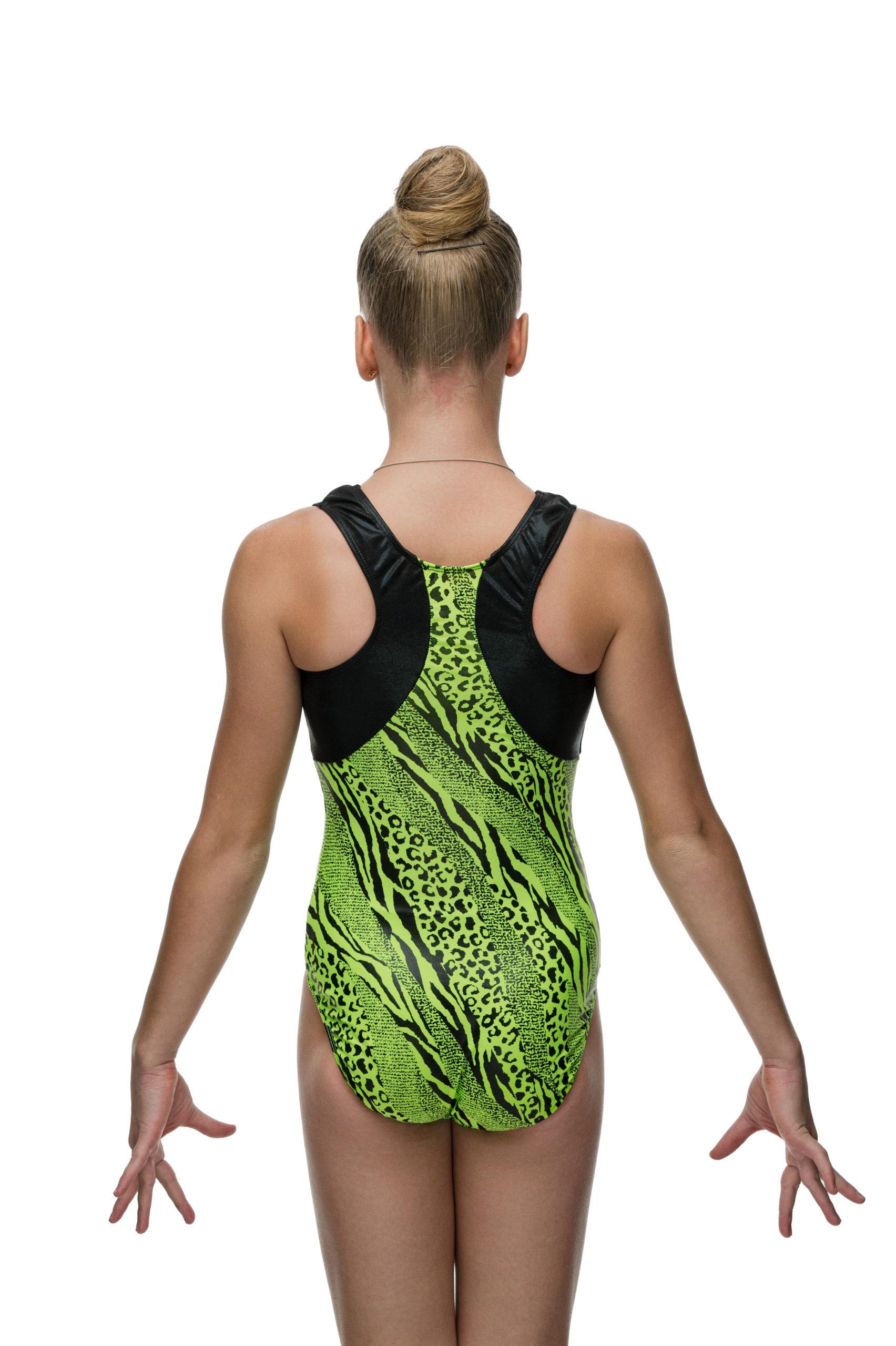 Купальник женский для спортивной гимнастики GK Elite 6106 салатовый с черным без рукава
