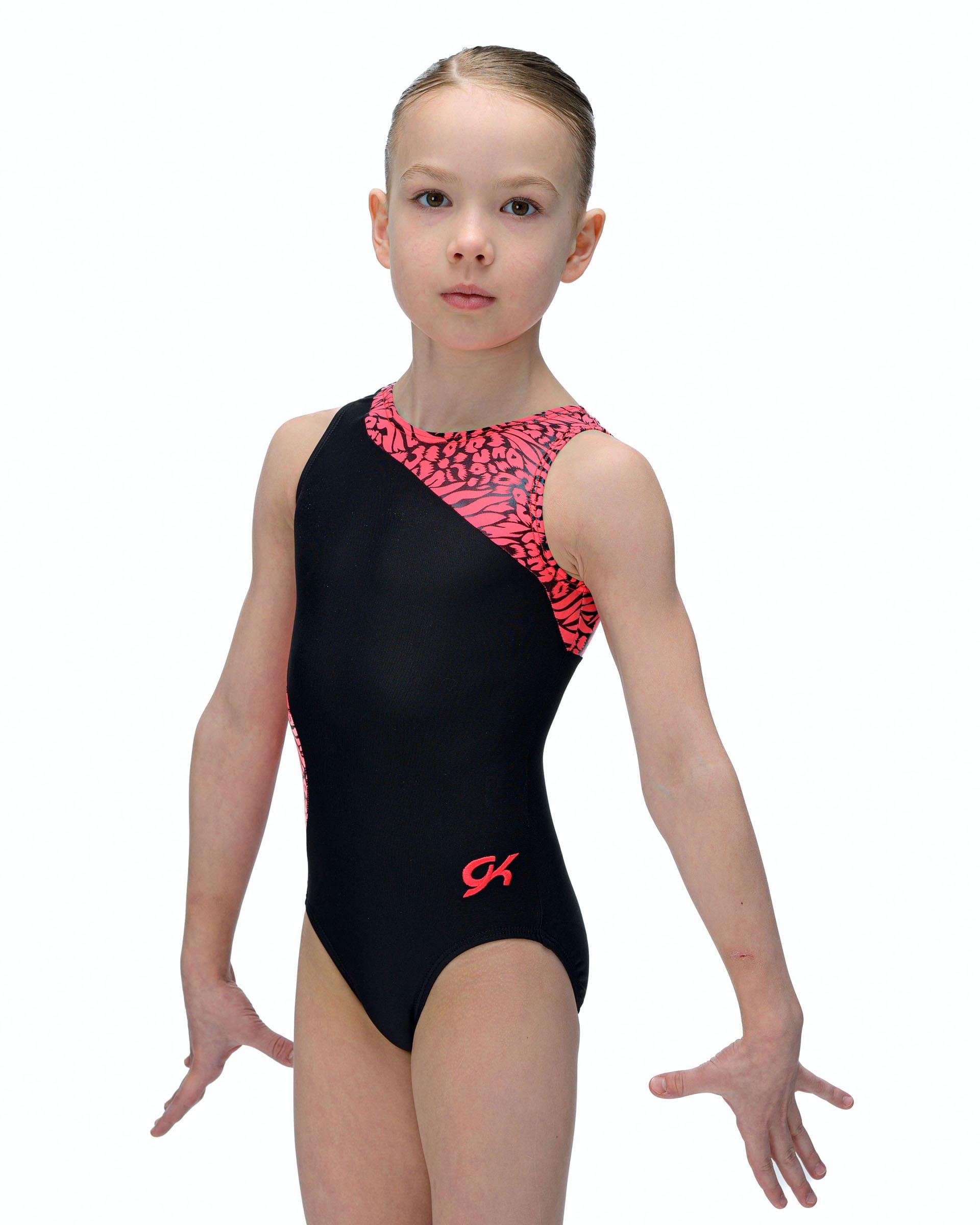 Купальник для спортивной гимнастики GK Elite 0281 без рукавов черный с розовым
