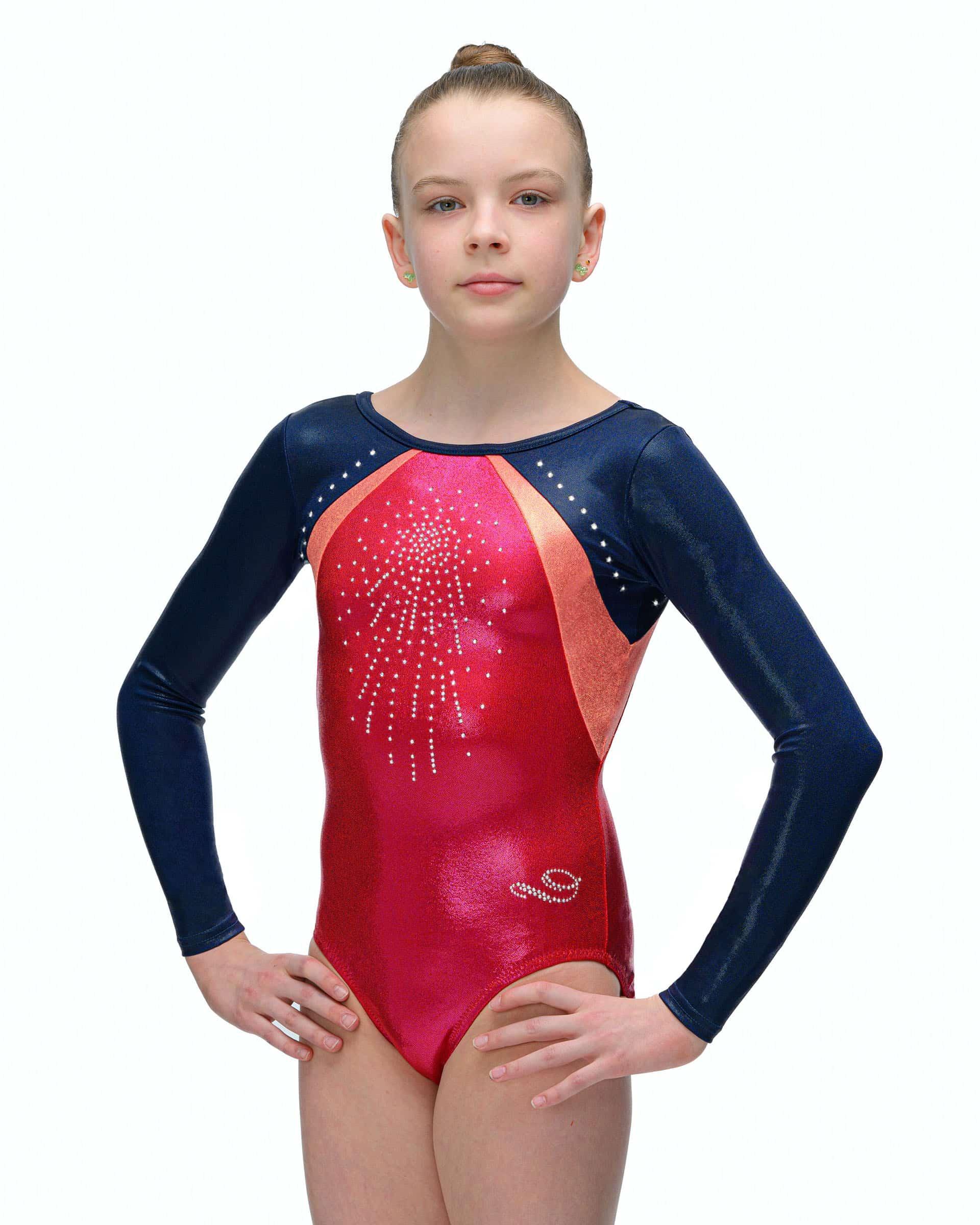 Купальник женский для спортивной гимнастики GK Elite by Dreamlight 5335 черный с малиновым персиковым со стразами с рукавом
