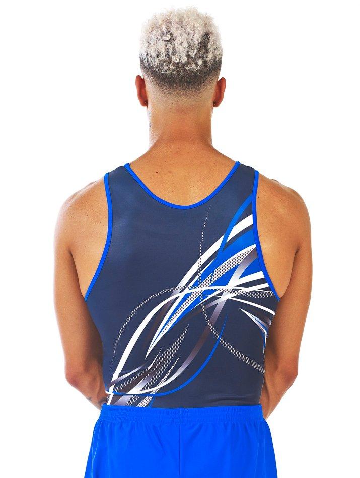 Купальник мужской для спортивной гимнастики Christian Moreau Chrome серо-синий с белыми полосками без рукава
