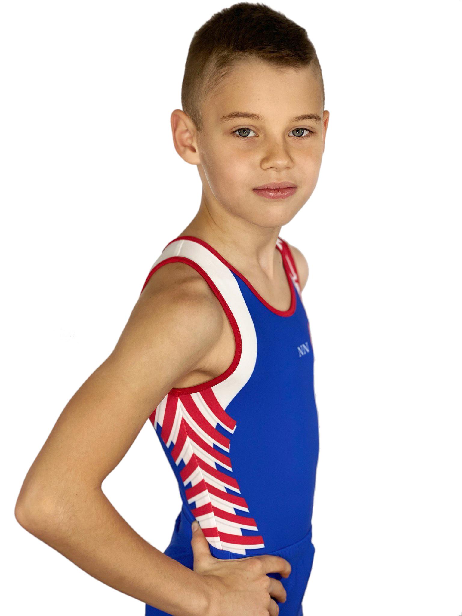 Купальник мужской для спортивной гимнастики GK Sport 201-17 синий с бело-красной вставкой без рукава