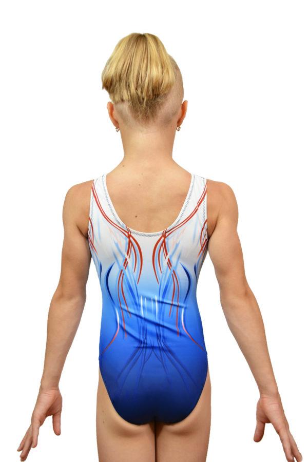 Купальник женский для спортивной гимнастики GYM RU 107-29-1 СКАЙ белый с синим со стразами без рукава