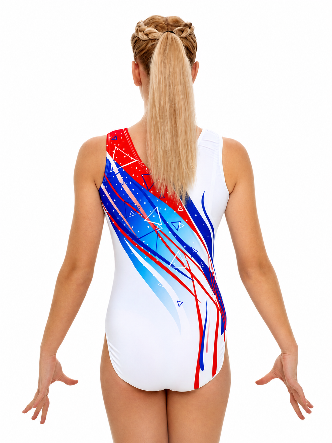 Купальник женский для спортивной гимнастики GK Sport RUS 0202-26 белый с красно-синим рисунком без рукавов