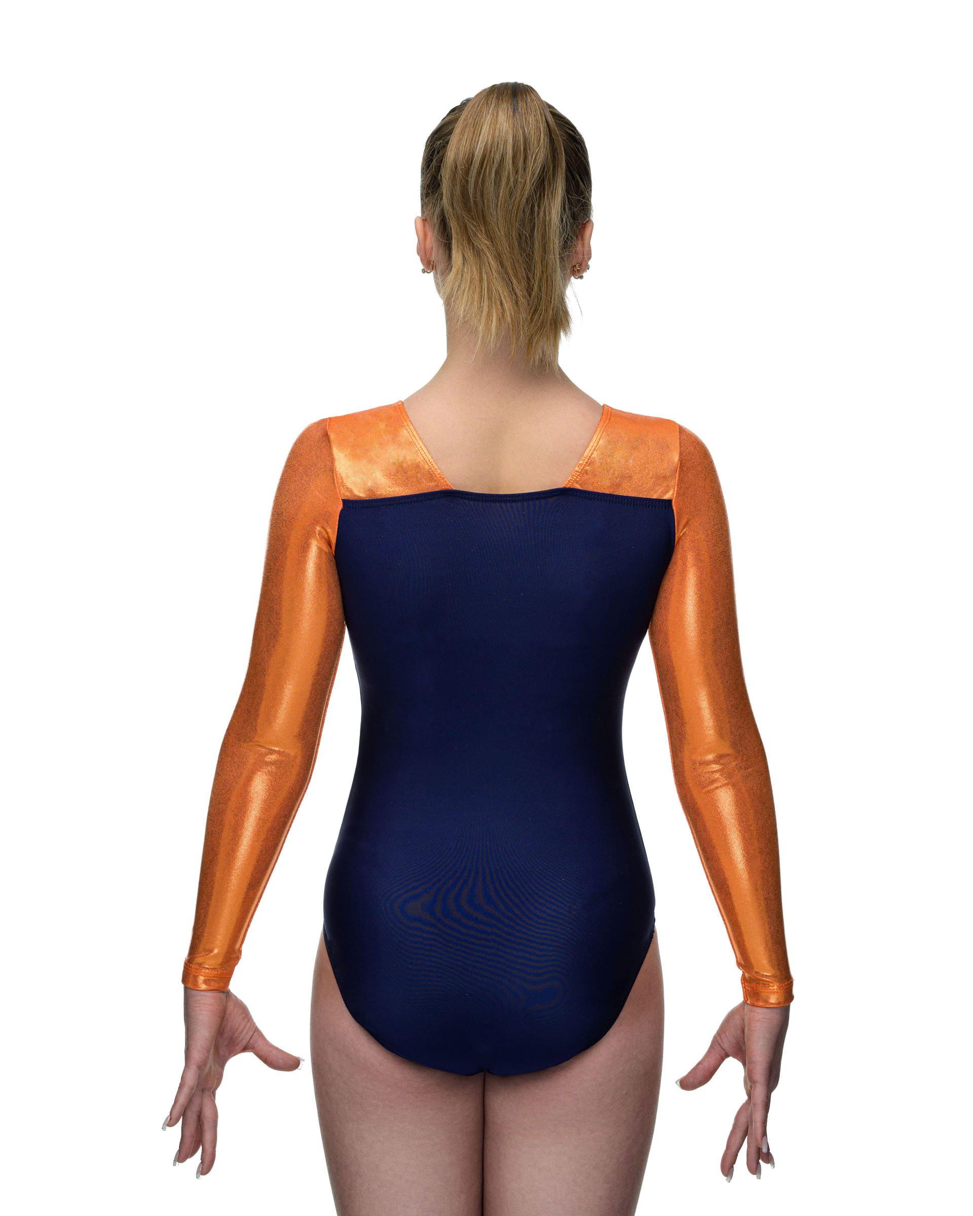 Купальник женский для спортивной гимнастики GK Elite 5983 темно-синий с оранжевым с рукавом