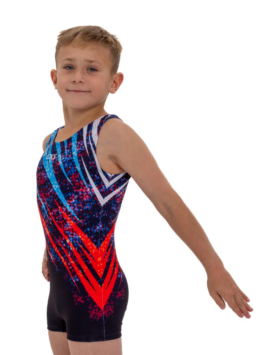 Купальник мужской для спортивной гимнастики GK Sport RUS 201-13 черный с красно-синим рисунком без рукава