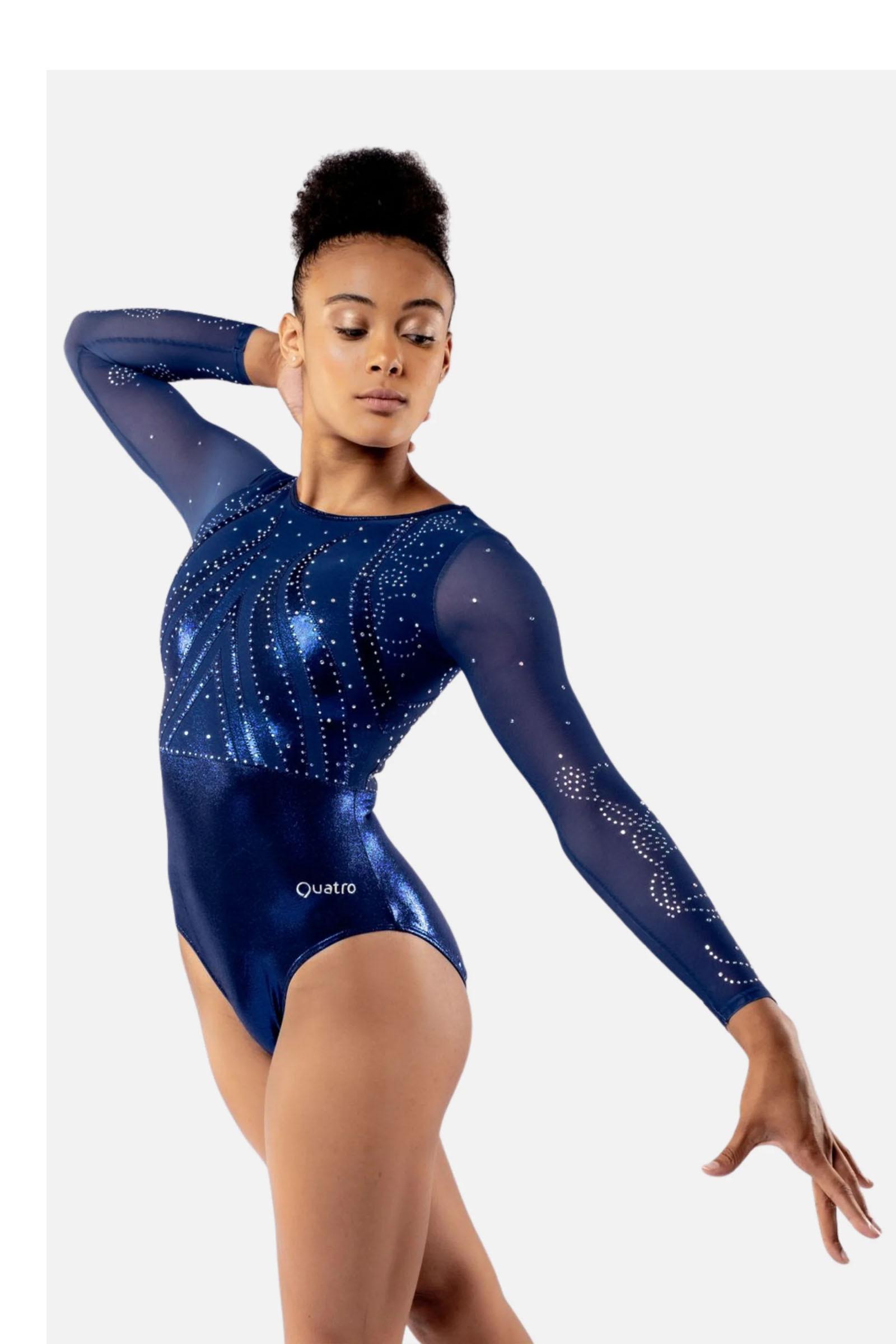 Купальник женский для спортивной гимнастики GK Sport 555-18-1 темно-синий со стразами с рукавом