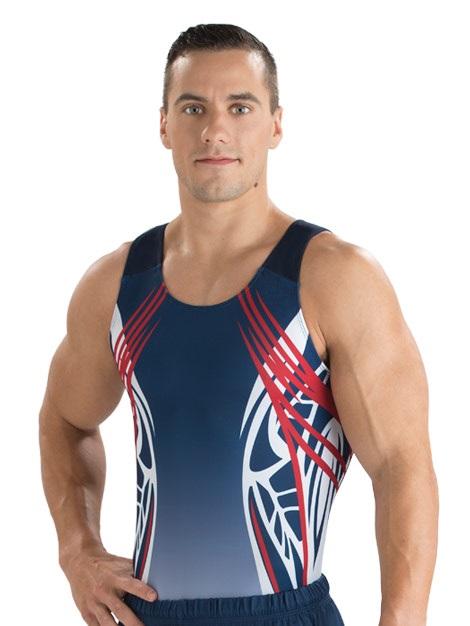 Купальник мужской для спортивной гимнастики GK Sport 107-51 синий с белым и красным без рукава