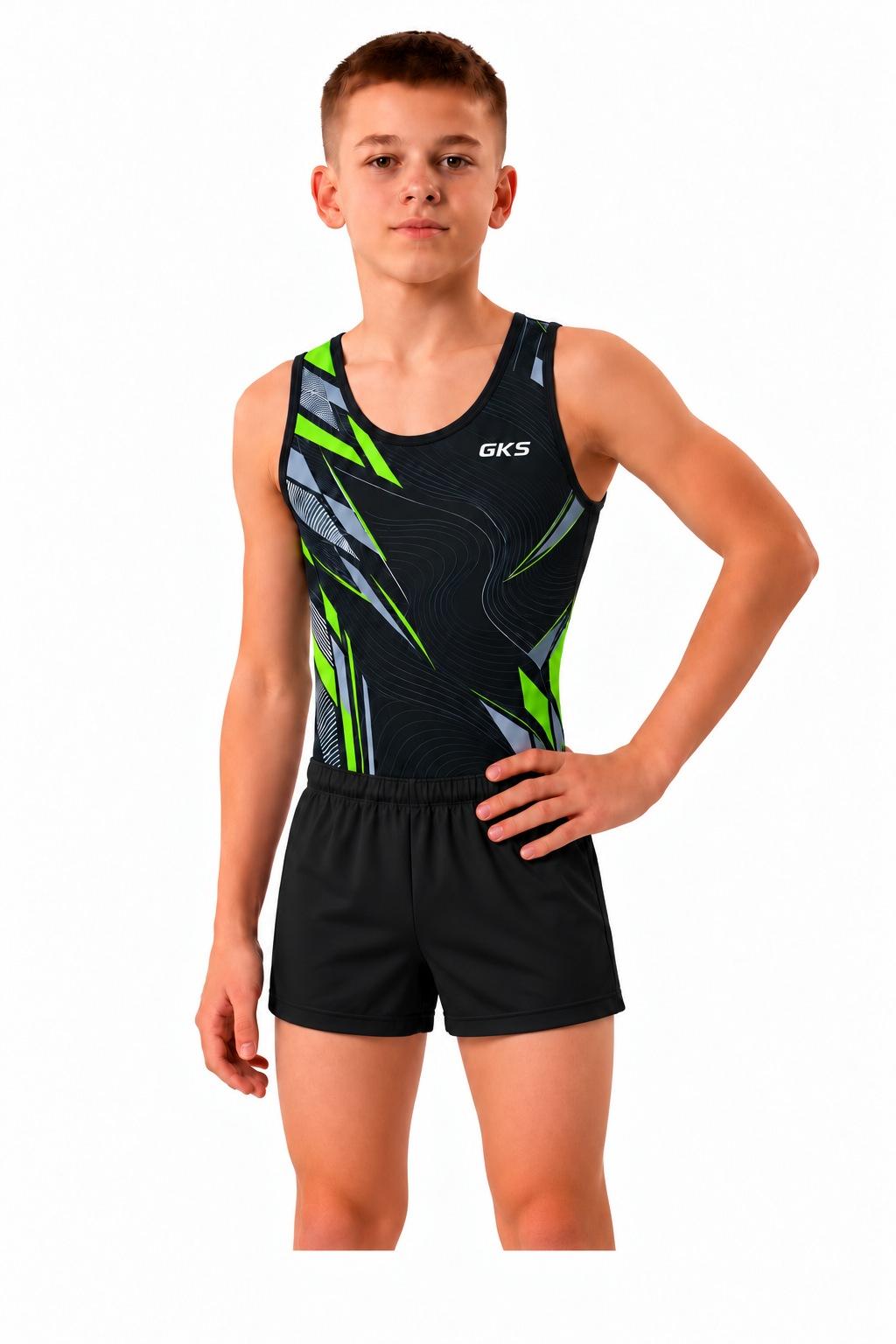 Купальник мужской для спортивной гимнастики GK Sport 0201-118 черный с салатом без рукава