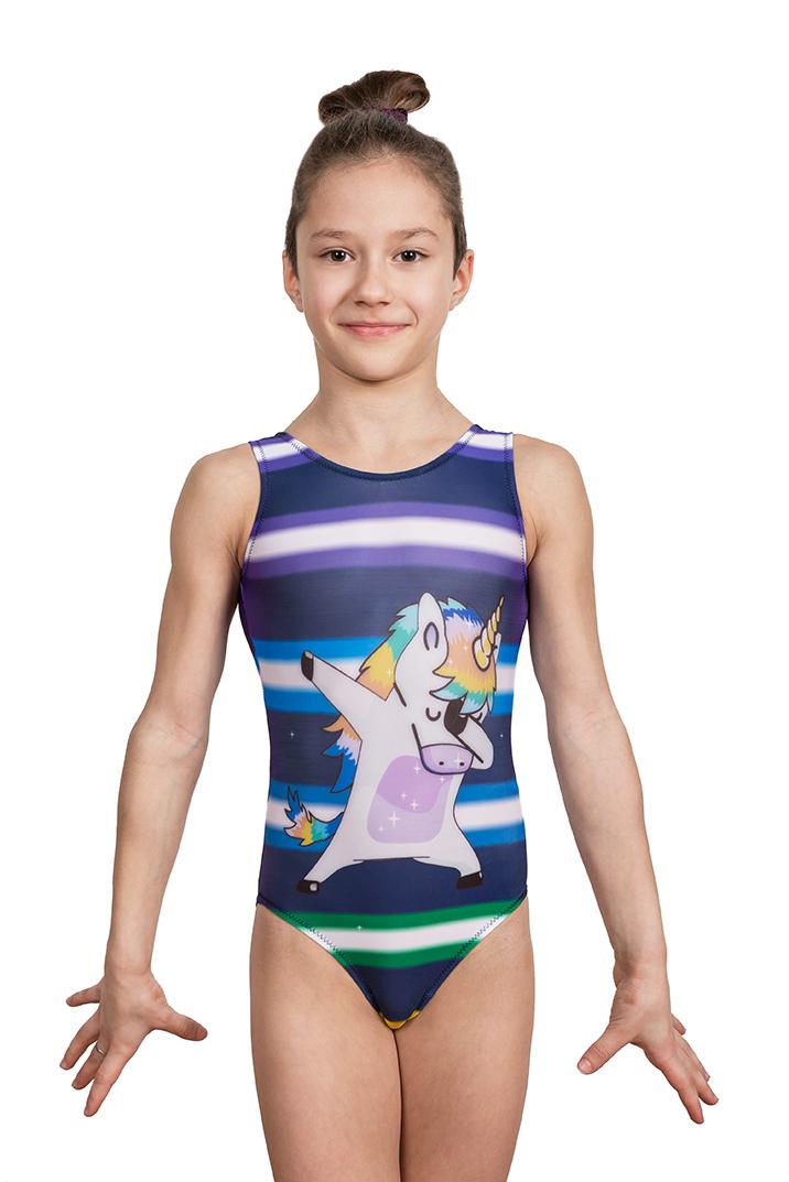 Купальник женский для спортивной гимнастики GK Sport 200-9 Unicorn purple темно-фиолетовый с полосками и рисунком без рукава