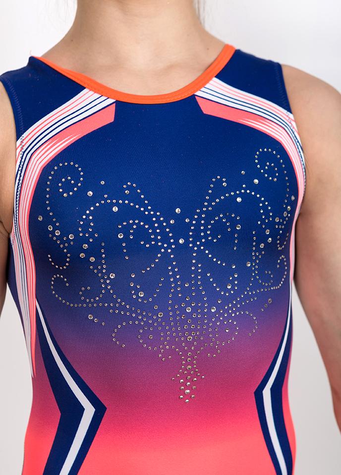 Купальник женский для спортивной гимнастики GYM RU 107-79 розовый с синим со стразами без рукава