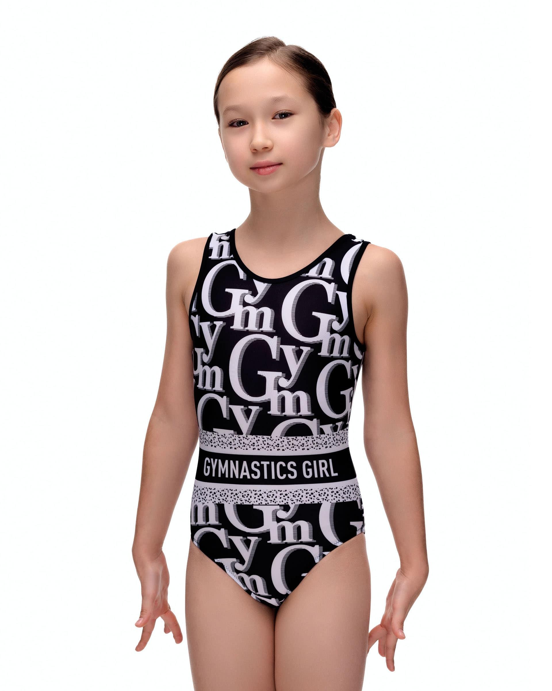 Купальник женский для спортивной гимнастики GK Sport 202-25 черный с белым принтом без рукава