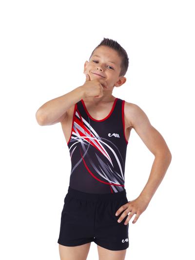 Купальник мужской для спортивной гимнастики Christian Moreau КМ ZAMAC черный с красно-белыми полосками без рукава